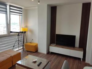 uma sala de estar com uma televisão e um sofá em Sky view luxury Center Skopje apartments em Skopje