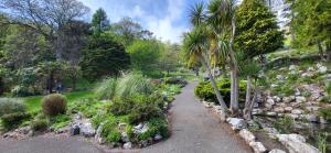 einen Garten mit Palmen und Felsen und einem Pfad in der Unterkunft Bryn Derwen with Private Car Park in Llandudno