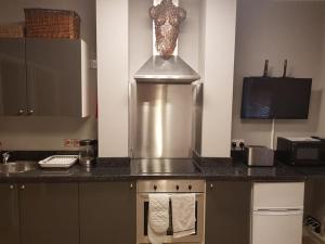 a kitchen with a stove with a vase on the counter at Heart of City DE1 Studio Apartment in Derby
