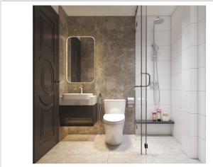 ein Badezimmer mit einem WC, einem Waschbecken und einem Spiegel in der Unterkunft Homie Hoi An in Hoi An