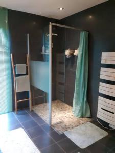 W łazience znajduje się prysznic ze szklanymi drzwiami. w obiekcie Aix'capade by Aixkeys avec piscine 5 min plages Fouras w mieście Saint-Laurent-de-la-Prée