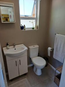a bathroom with a toilet and a sink and a window at Lemon Tree Cottage Noordhoek in Cape Town