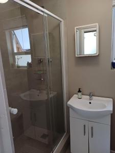 a bathroom with a glass shower and a sink at Lemon Tree Cottage Noordhoek in Cape Town