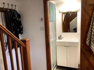 ein Bad mit einem Waschbecken und einem Spiegel in der Unterkunft Selfcatering Coach House New Forest Dog Friendly in Ringwood