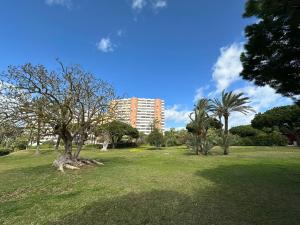 park z palmami i wysoki budynek w obiekcie Marbesa Marbella Apartment w Marbelli