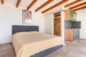 1 Schlafzimmer mit einem großen Bett und einer Küche in der Unterkunft Maison exceptionnelle in Roquebrune-Cap-Martin
