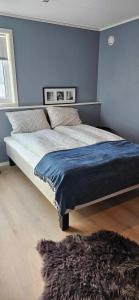 Toppleiligheit - Eidsgata 49 في نوردفيورديد: غرفة نوم بسرير كبير بجدار ازرق