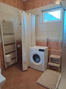 a bathroom with a washing machine and a shower at Lena apartment - Lena two bedroom apartment in Vecsés