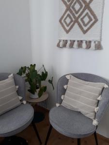 two chairs and a pillow in a room with a plant at Cozy Town Center Retreat in Komárno