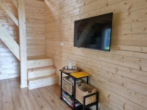 a room with a wooden wall with a flat screen tv at Domek w Ińsku in Ińsko