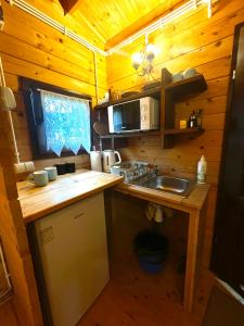 a small kitchen with a sink and a microwave at DOMKI LETNISKOWE KOMAŃCZA in Komańcza