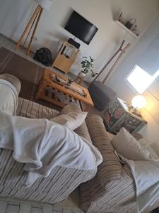 sala de estar con sofá y TV de pantalla plana en Cómodo departamento en el bajo neuquino en Neuquén