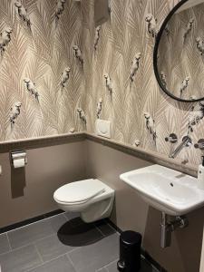 a bathroom with a toilet and a sink and a mirror at Appartement ALLURE Wohnen auf Zeit in Eschen