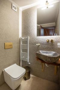 een badkamer met een wastafel, een toilet en een spiegel bij Guesthouse Lousios in Dhimitsana