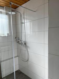 una doccia con porta in vetro in bagno di Casa Mika a Costanza
