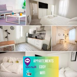 Loc'Nuit - Appartements Tout Confort - Hyper Centre AGEN في آجا: مجموعة من الصور لغرفة نوم وغرفة معيشة