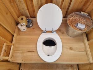 ein Badezimmer mit einem WC in einer Holzkonstruktion in der Unterkunft Trevena Cross Glamping & Camping in Helston