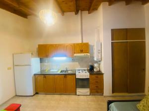 - une cuisine avec des placards en bois et un réfrigérateur blanc dans l'établissement Cerquita de Shopping: depto amoblado urbano, à Neuquén