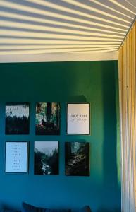 uma parede com imagens numa parede verde em Villa Belino em Ruhla