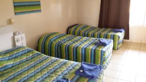 two beds in a room with blue walls at Herbert Valley Motel in Ingham