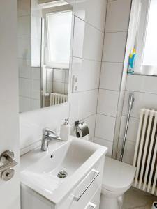 bagno bianco con lavandino e servizi igienici di Casa Mika a Costanza
