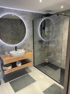 ein Bad mit einem Waschbecken und einer Dusche mit einem Spiegel in der Unterkunft Le Galatee -T2 luxe les pieds dans l'eau - Porticcio in Grosseto-Prugna