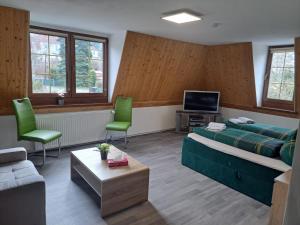 Schlafzimmer mit einem Bett, einem TV und Stühlen in der Unterkunft Zimmervermietung Abir in Dresden