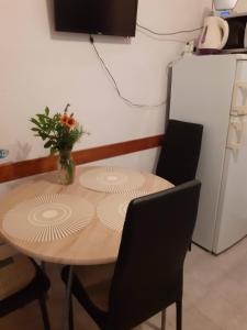 Apartments Pavlović في Linardići: مطبخ مع طاولة عليها إناء من الزهور