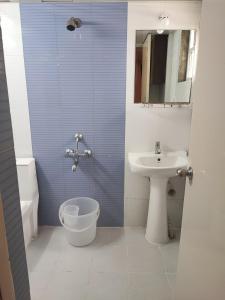 a bathroom with a sink and a toilet and a mirror at ADI HOSPITALITY AND TOURS PRIVATE LIMITED in Bangalore