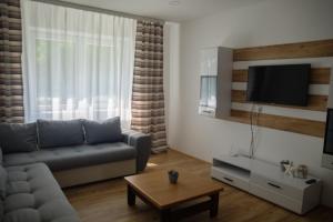 a living room with a couch and a flat screen tv at Kincses Vendégház in Senta