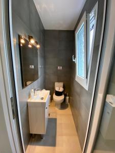 a bathroom with a toilet and a sink and a window at Taras Residence in Karavádhos