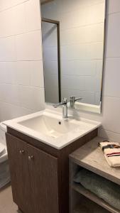 y baño con lavabo y espejo. en Pewma Apart Hotel en Chillán