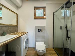 a bathroom with a toilet and a sink and a shower at PIEPRZ i Wanilia - Kopalino dom z widokiem na las 3 pokoje taras parking WiFi - Pieprz in Kopalino +12 photos