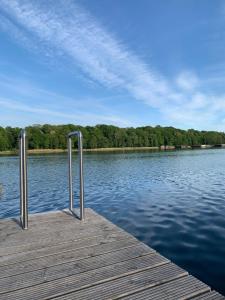 a dock on a body of water with trees at Ferienhaus Seekutter mit eigenem Seezugang in Malchow