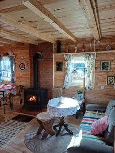 a living room with a fireplace and a stove at Magia Krutyni Domek nr2 in Ukta