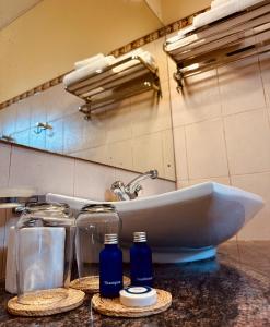 a bathroom sink with two blue bottles on a counter at Luna Waves in Negombo