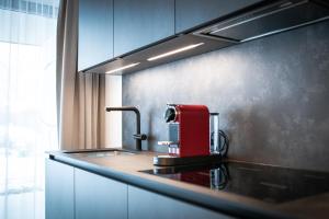 a kitchen with a sink and a red appliance at MANARES - my mountain stay in San Lorenzo di Sebato