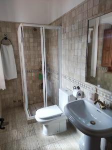 y baño con ducha, aseo y lavamanos. en Casa Rural María Victoria, en Navas de Estena