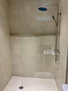 eine Dusche mit Glastür im Bad in der Unterkunft Best Location Renovated Home in Tbilisi City