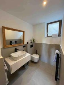 ein Badezimmer mit Waschbecken, Toilette und Spiegel in der Unterkunft Haus Hochland - Moderne Alpenwohnung Garten&Natur in Bad Kohlgrub