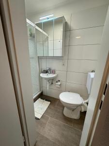 a bathroom with a toilet and a sink at Main Appartement in Flörsheim