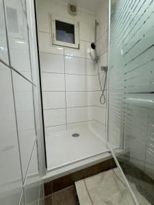 y baño con ducha y puerta de cristal. en Main Appartement, en Flörsheim
