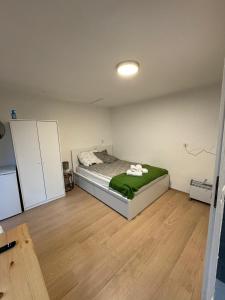 a bedroom with a bed with a green blanket at Main Appartement in Flörsheim