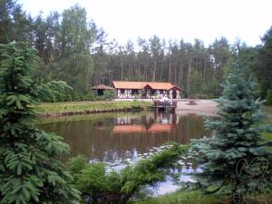 a gazebo in the middle of a lake at Dom nad Stawem - ALEX in Stara Kiszewa