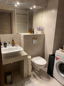 a bathroom with a toilet and a sink and a washing machine at Dyrekcyjna Apartment in Wrocław