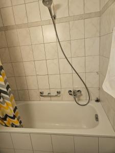a bathroom with a bath tub with a shower at Joli Studio in La Chaux-de-Fonds