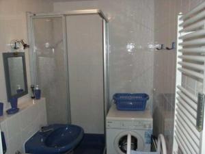 a bathroom with a shower and a washing machine at FeWo Möwennest Felstehausen GM 69252 in Graal-Müritz