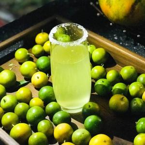 een drankje in een glas zittend op een blad appels bij Marian Villa in Katunayaka