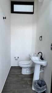 een badkamer met een toilet en een wastafel bij Cabaña Veinte 21 in Mazamitla