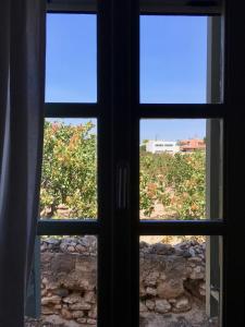 uma janela com vista para uma vinha vista através de uma janela em Aegina Town Home em Egina